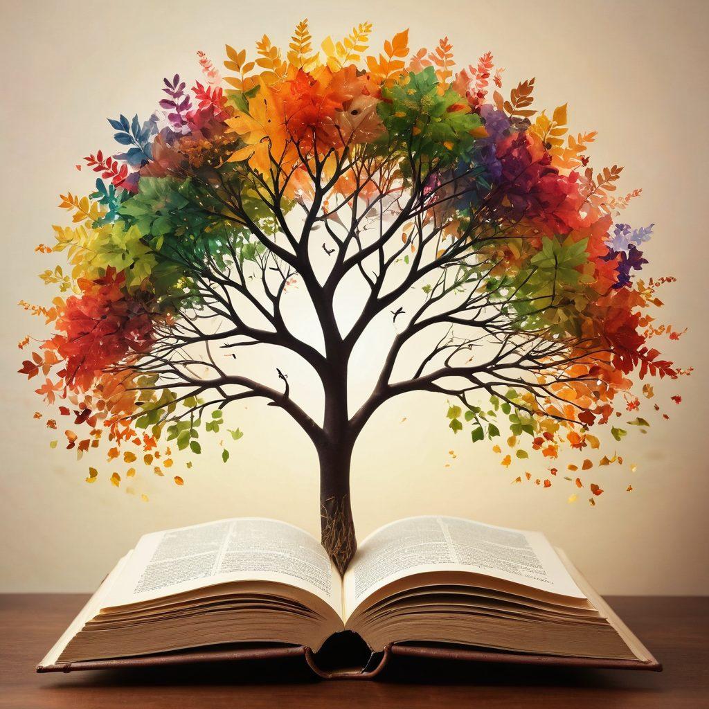 A lush, open book transforming into a tree filled with vibrant leaves, each leaf representing a different colloquialism or saying. In the background, subtle words float in the air to symbolize semantic contexts, while a warm sun illuminates the scene, creating a sense of enlightenment and growth. The colors should be deep and rich, evoking a feeling of wisdom and knowledge. The style should be a blend of painting and surrealism.