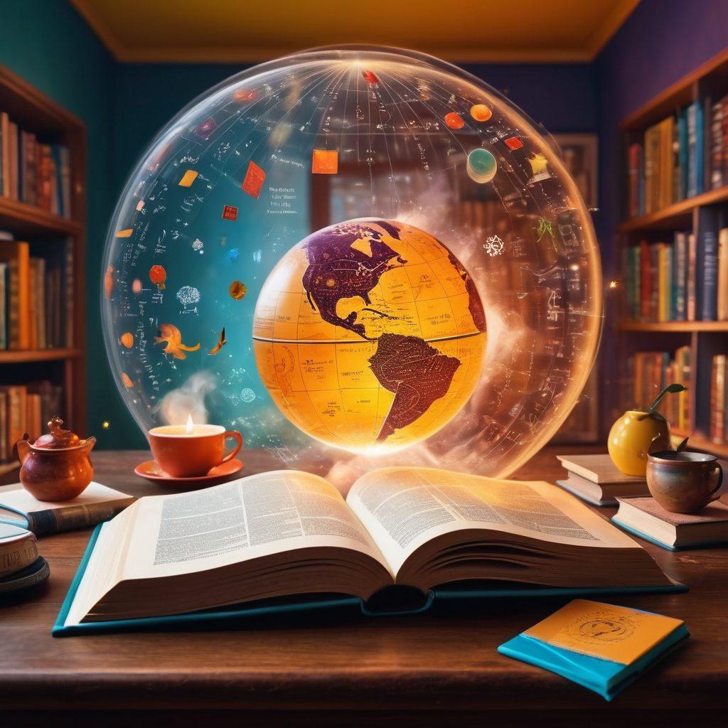 An open book with vibrant pages filled with diverse vocabulary, surrounded by floating symbols of different languages and expressions, radiating a glow of knowledge, against a background of a tranquil study space with a globe and a steaming cup of tea. super-realistic. vibrant colors. cozy atmosphere.